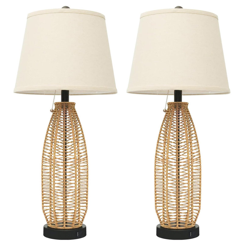 27" Boho Table Lamps Set Of 2: Rattan Table Lamp With USB AC Ports, 3-Colour Temperatures Bedside Lamps With Pull Chain, Boho Lamps For Night Stands Bedroom Living Room, Bulbs Included