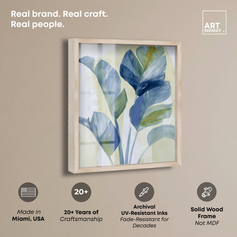 Indigo Fronds II, H 20 po x l 16 po, Cadre en chêne naturel
