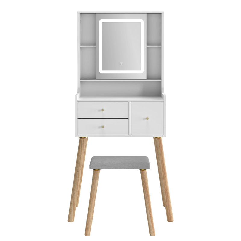 Vanity Desk Set With Square Mirror And Light, Small Vanity Table With Drawers