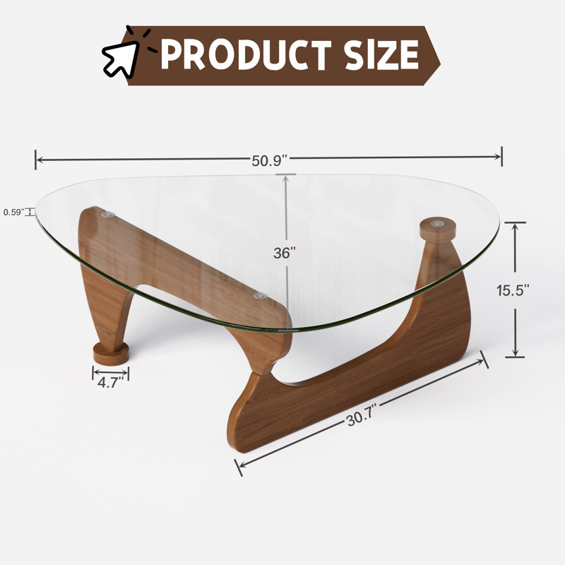 51" Triangle Glass Top Coffee Table With Solid Oak Base, Modern Minimalist Design For Living Room, Scratch-resistant Tempered Glass