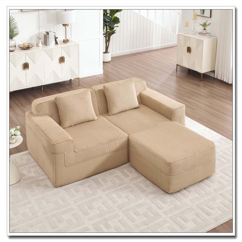 Canapé modulaire en L à 2 places sans os, canapé modulaire Cloud avec assise profonde, canapé modulaire moderne à 2 places avec coussins décoratifs et 1 repose-pieds mobile