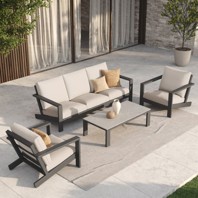 Perci Aluminum Sunbrella Conversation Set with Sintered Stone Coffee Table
