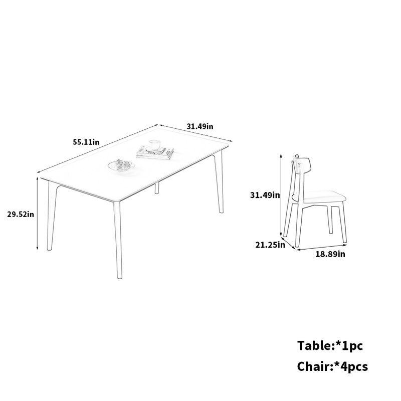 Ash Wood Dining Table and Chair Combo, 29.52"H x 55.11"L x 31.49"W