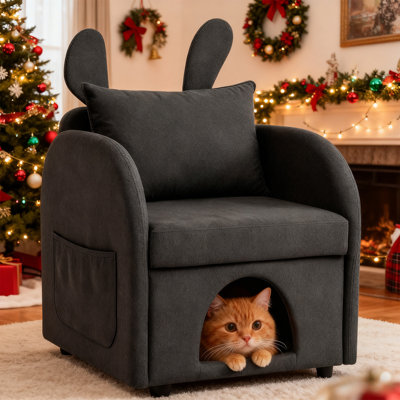 Dual-Purpose Pet Sofa Chair with Hidden Cat Cave, Anti-Scratch Upholstery, 27.4 x 25.2 x 37.4 ",Black