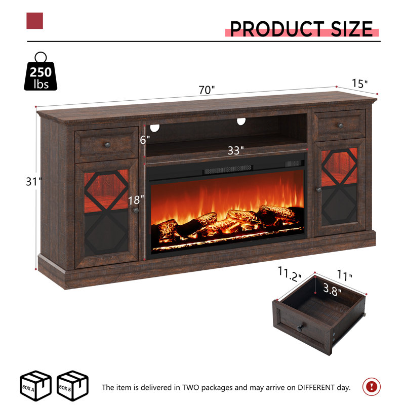 70" Fireplace TV Stand with Diamond Door &LED, Rustic Brown, Rustic Brown