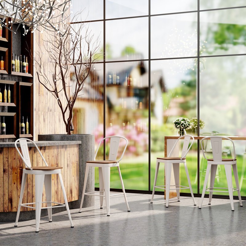 High Back Metal Counter And Bar Stools, Bar Stool (30" Seat Height), White