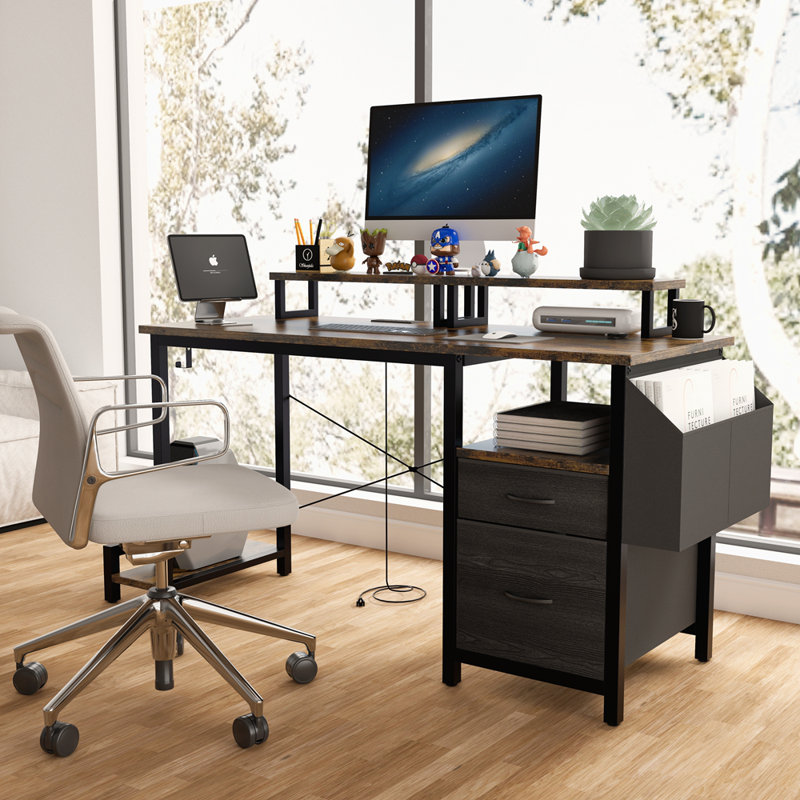 47.3"Office Desk With Power Outlet,2 Monitor Stands,2 Drawers,Side Pocket,Easy To Assemble,Frame Stability Reversible,Use For Home Desk, Computer Desk, Game Table