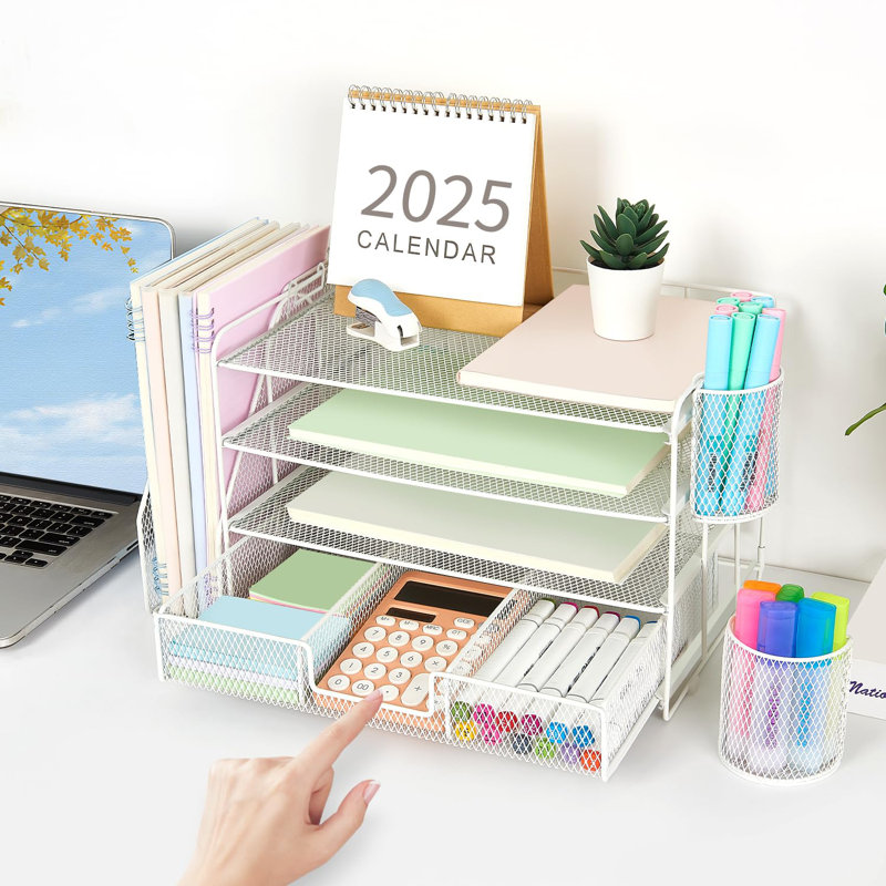 Organisateur de papier à lettre avec porte-classeur, accessoires de bureau à 4 niveaux avec tiroir et 2 porte-stylos, Blanc