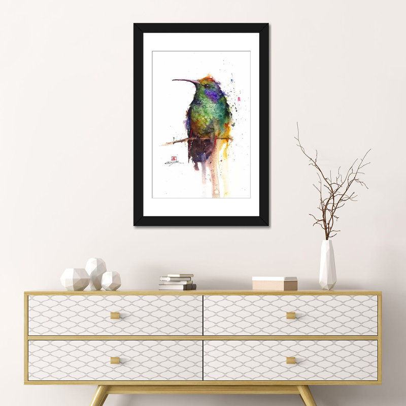 « green oiseau », peinture sur toile tendue, Papier d'art encadré noir, H 24 po x l 16 po x P 1 po, Blanc