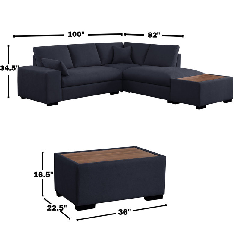 Woven Fabric Sectional Sofa With Right Facing Chaise And Console Ottoman, Dark Gray