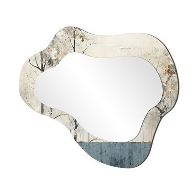 Beige Minimalism Calm River Forest I - Beige Asymmetrical Mirror, Traditional Freeform Unique Wall Mirror, Printed Metal Art