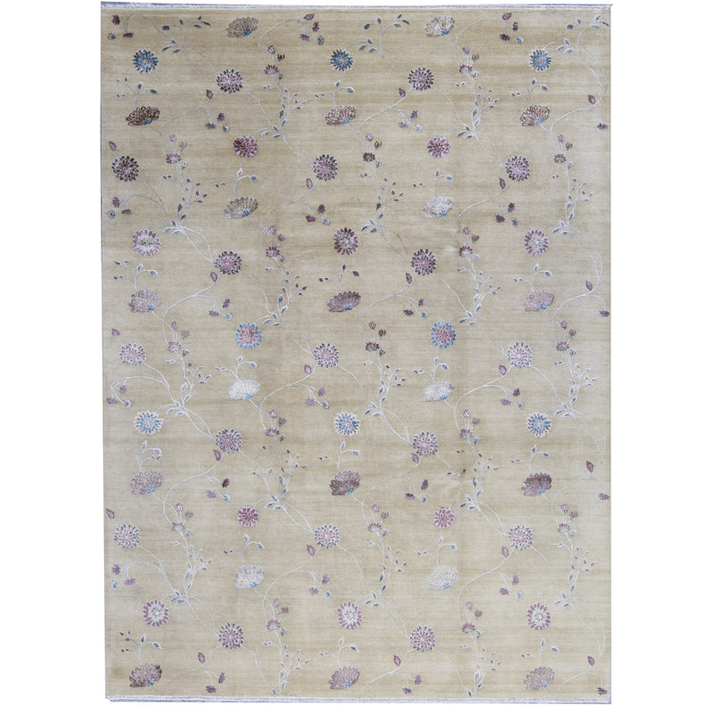 Tapis beige et mauve de haute qualité noué à la main