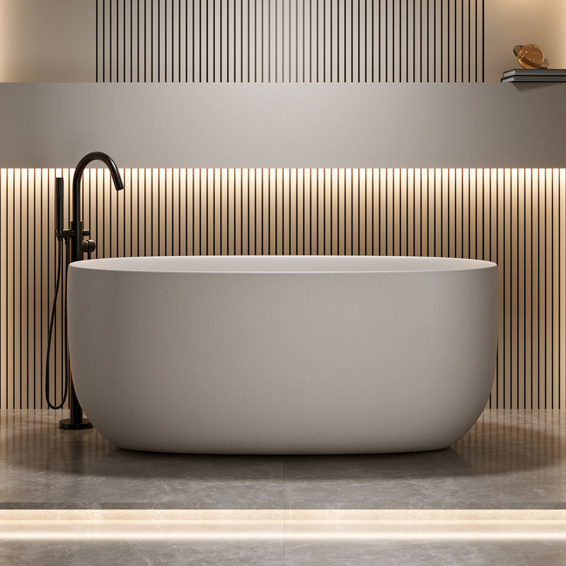 Beige Freestanding 47-Inch Soaking Bathtub Made Of Resin Stone Solid Surface, And Easy To Install 47'' In Beige, Smooth Rounded Edges, Excellent Insulation Performance