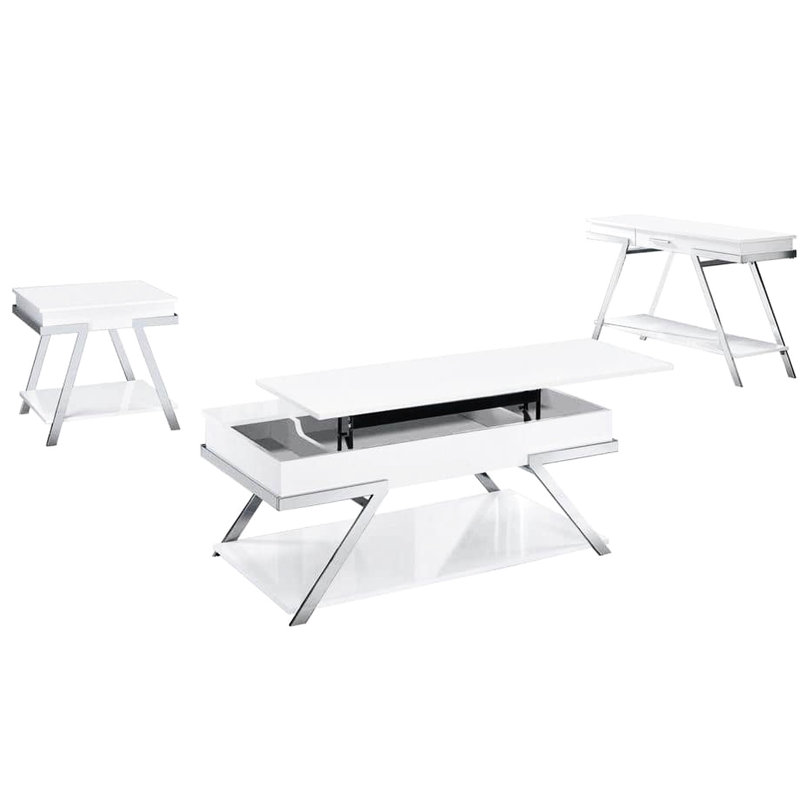 Table blanche avec cadre et tiroir de rangement à l'intérieur de la tablette inférieure de la console