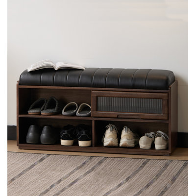 Mid-Century Modern Solid Wood Shoe Storage Bench with Fluted Glass Drawer