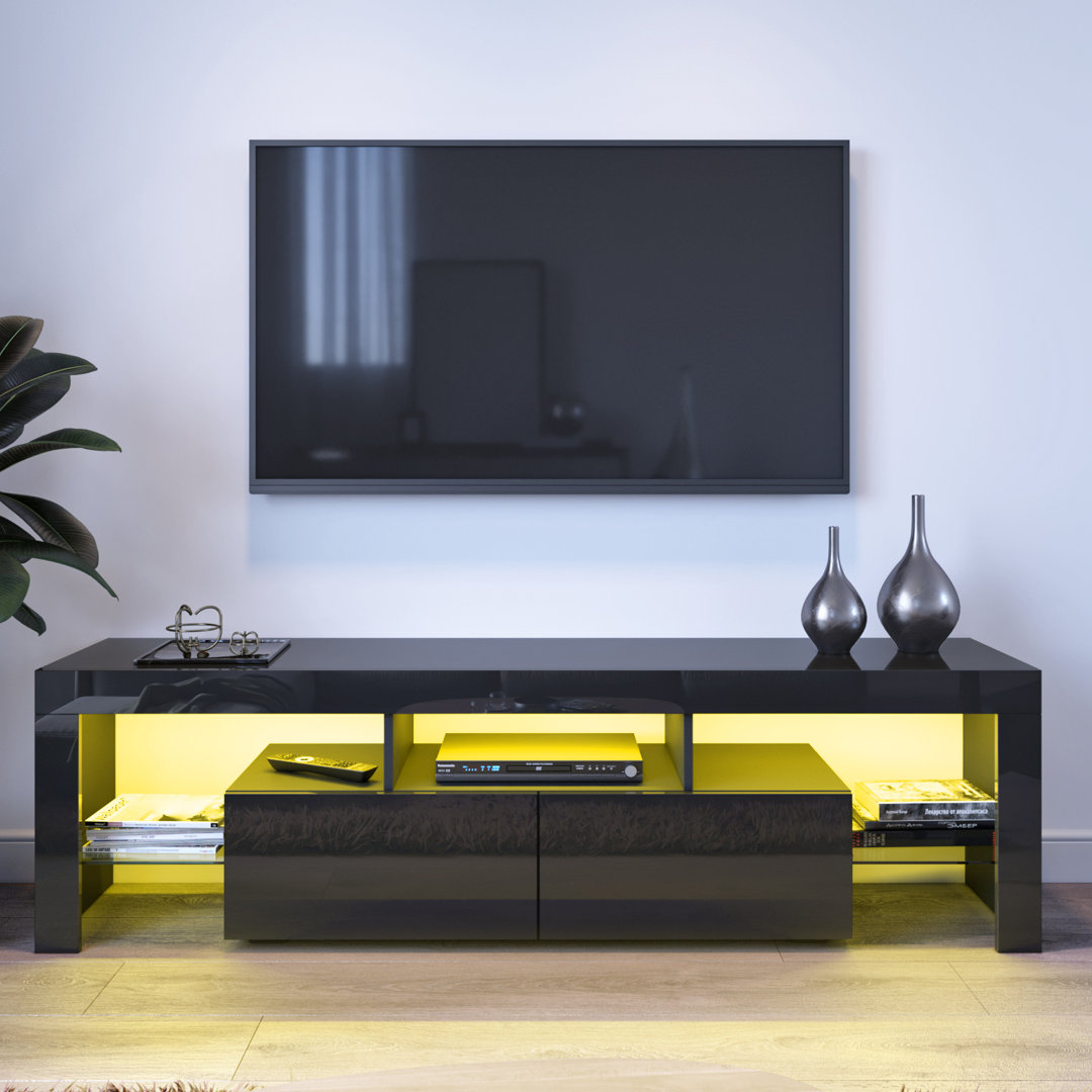 Birchfield 160Lx35Wx45H cm High Gloss TV Stand/TV Cabinet, 2 Drawers 3 Storage, RGB Remote, 16W, Fits 65" TVs
