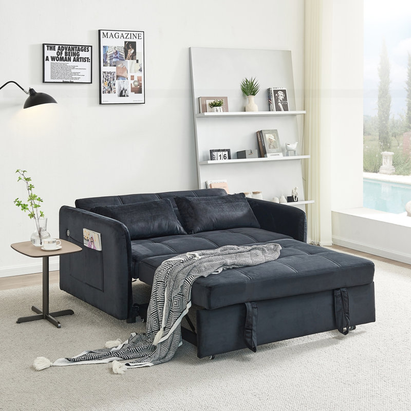 Alax Recessed Arm Sofa Bed, Black Velvet