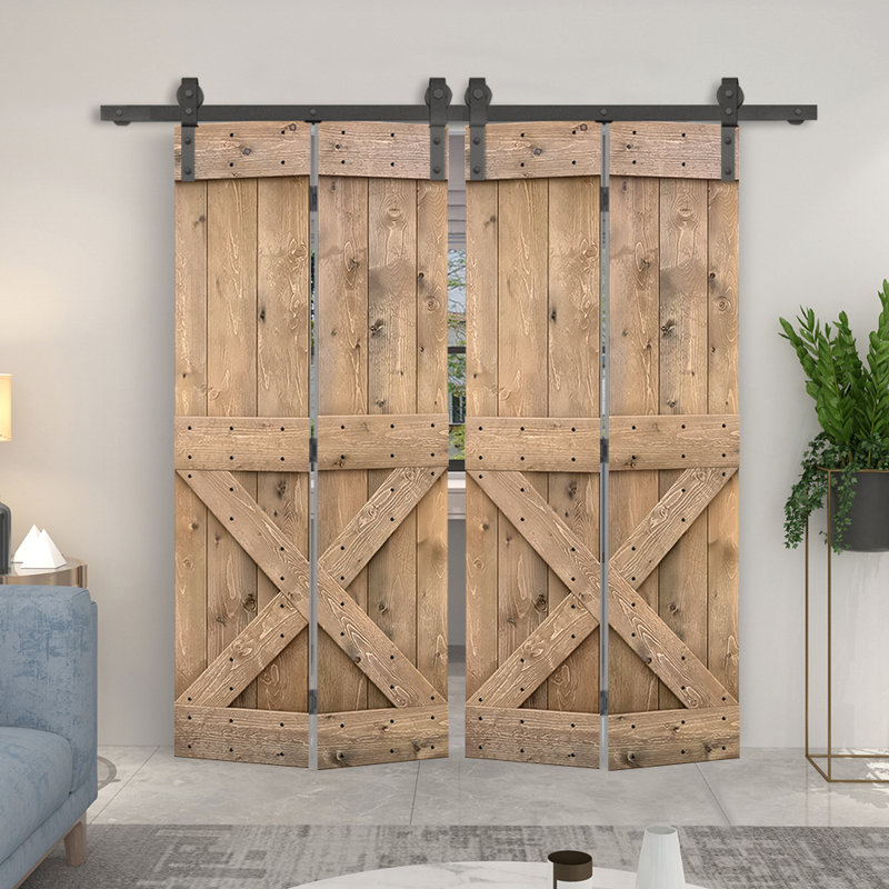 Porte de grange en bois 84 pliable avec trousse de quincaillerie d'installation, 60 po x 84 po, Brun clair
