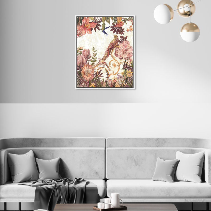 Oiseaux japonais - impression, Toile blanche encadrée, Noir, H 20 po x l 17 po