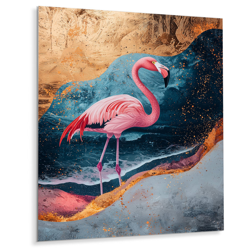 Flamant rose doré sur un paysage de plage audacieux III - Flamant rose, impressions sur métal, H 20 po x l 12 po