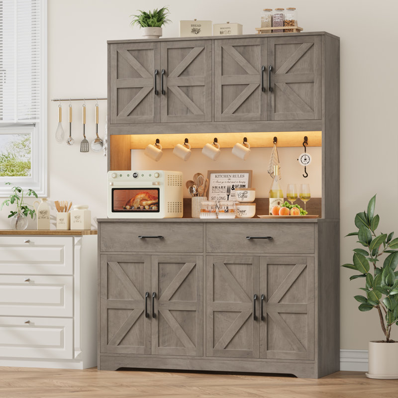 Étagère de boulanger 71 po avec station de charge, lumière DEL, tablette à micro-ondes et crochets attachés 71 po, Gris