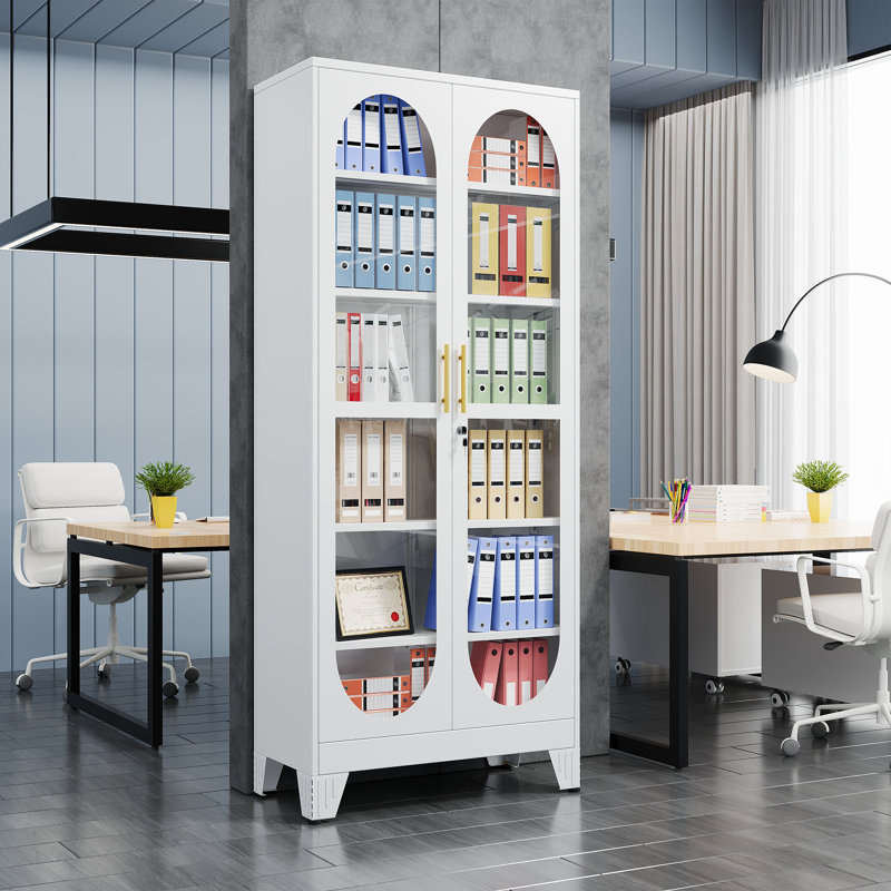 74.8''H Tall Display Storage Cabinet with Glass Doors and 5 Adjustable Shelves,  White
