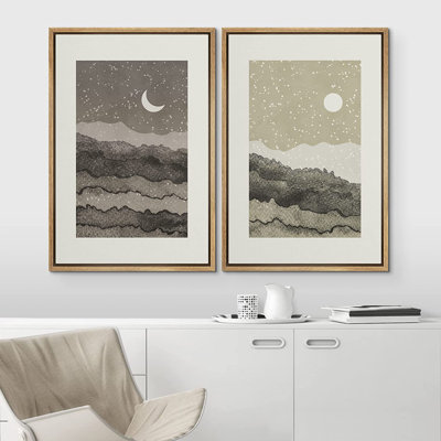 Sun And Moon " Bauhaus Geometric Solar Sun Wave Collage " 2 - Pieces
