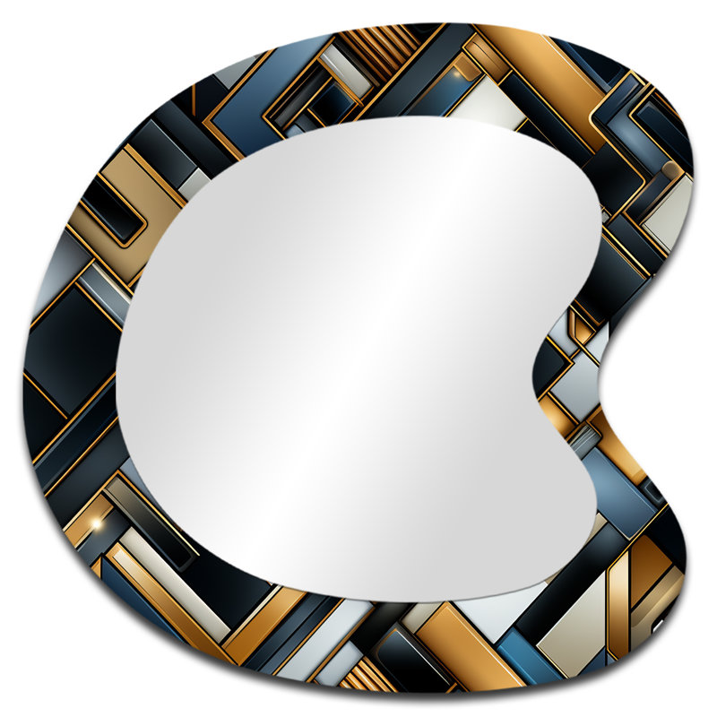 Black And Gold Marble Mosaic Dimensions IV - Geometric Asymmetrical Modern Large Wall Mirror, 27" x 27"