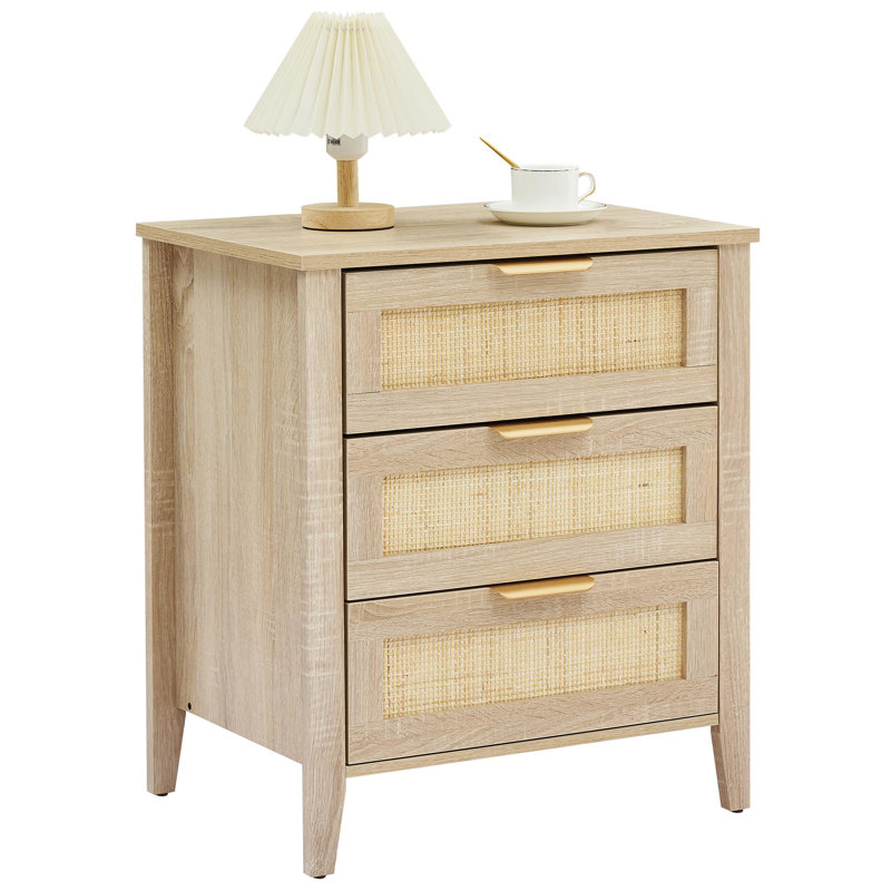 Nightstand, Rattan End Table, Nightstands With 3 Natural Rattan Drawers, Strong Support Wooden Structure, Side Table