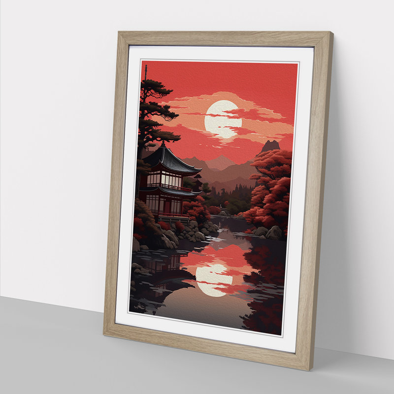 Japanese Sunset Classicism - Single Picture Frame Print on Wood, Oak Framed, 46cm H x 34cm W x 2cm D