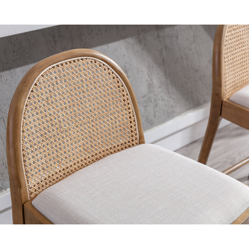 Beige Wood Counter Stools with Rattan Backrests, Set of 2