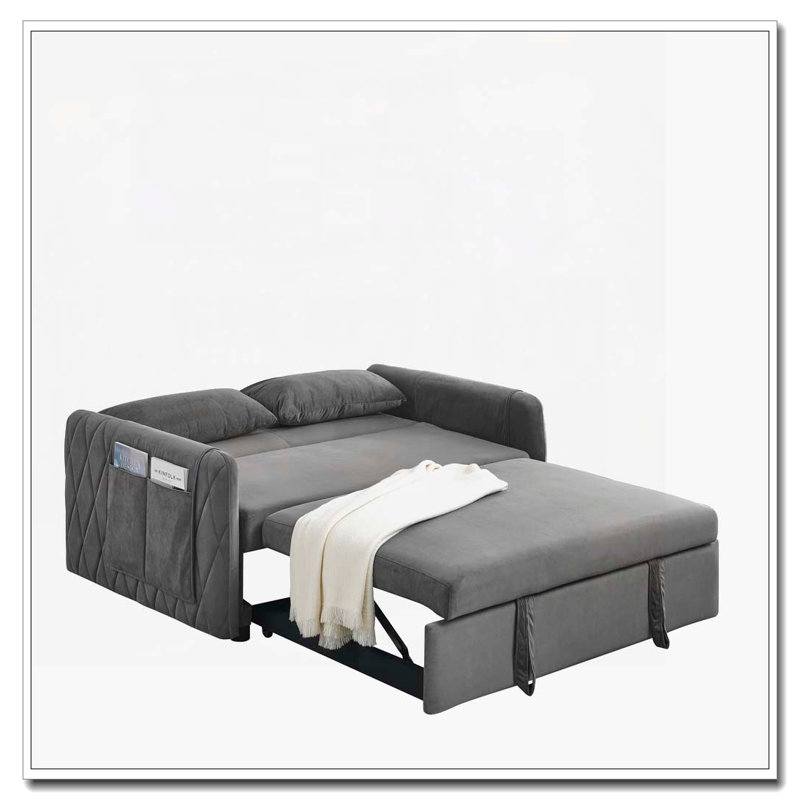 Canapé-lit convertible avec 2 poches à accoudoirs amovibles, canapé-lit en velours avec lit escamotable, Gris