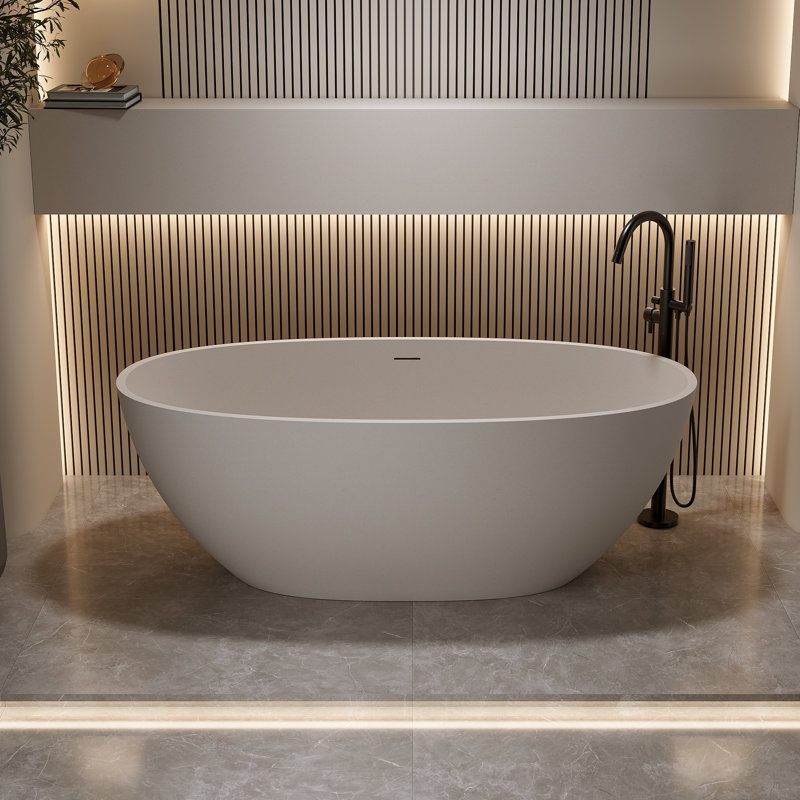 Baignoire de trempage autoportante 59 po, résine de pierre à surface solide, moderne ovale mat avec trop-plein et bonde escamotable