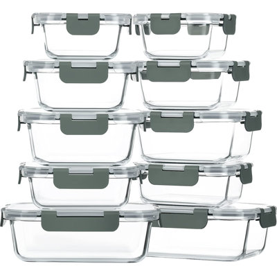 10 Pack Glass Food Storage Container with Lids,Gray | Glass Meal Prep Containers with Lids, Airtight Lunch Bento Boxes,Microwave, Oven, Freezer and Di