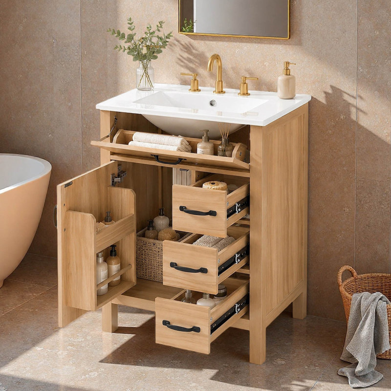 Meuble-lavabo simple autoportant en bois de 61 cm (24 po) avec dessus en céramique, 24"