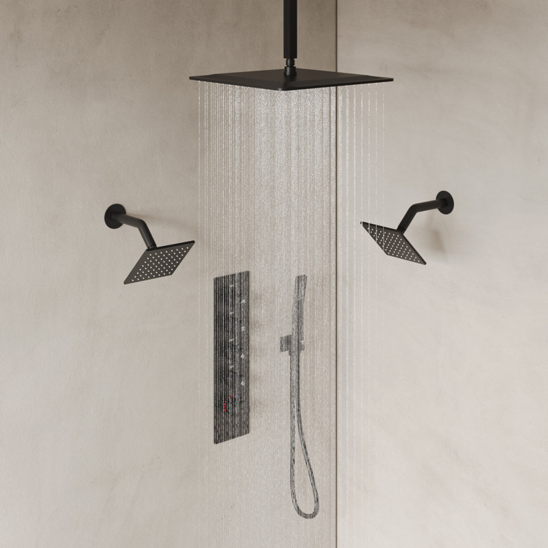 Thermostatic Shower System, Ceiling Mount 16" Rainfall Shower Faucet, 6" Wall Mount Dual Showerheads with Handheld Spray