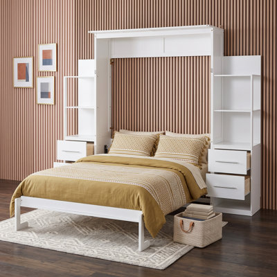 Wooden Murphy Wall Bed with Built-In Drawers, Shelves and LED Lighting
