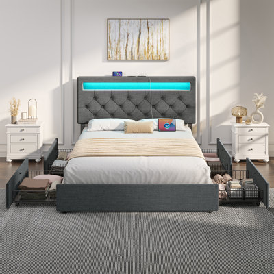 Bed Frame with Adjustable Headboard & 4 Drawers, Upholstered Bed with Power Outlets & RGB LED Lights