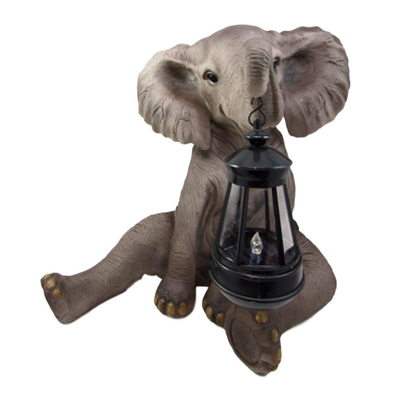 Hand-Painted Gray Resin Elephant Garden Statue with Lantern