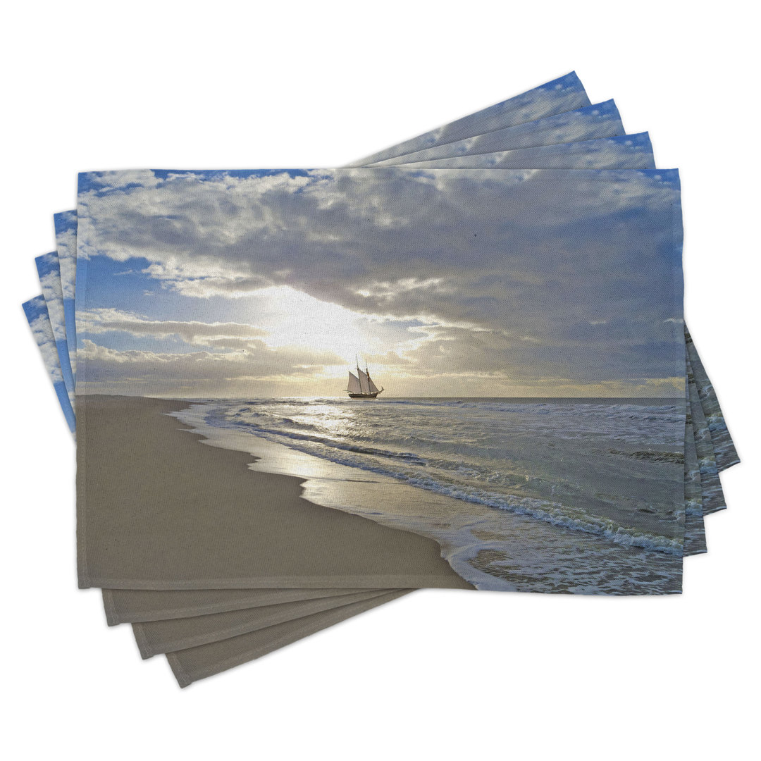 Platzdeckchen 4er Set, Segelschiff Sonnenuntergang, Blau Beige Weiß