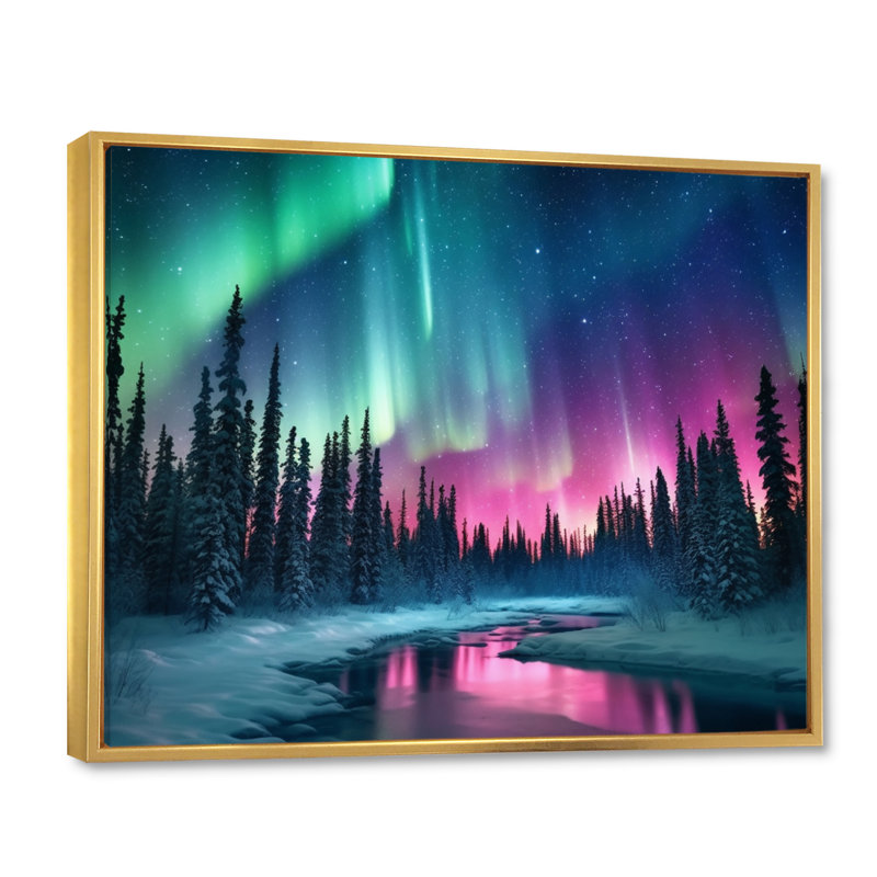 Northern Lights In Alaska II - Alaska, art mural, Cadre flottant doré, H 16 po x l 32 po x P 1 po