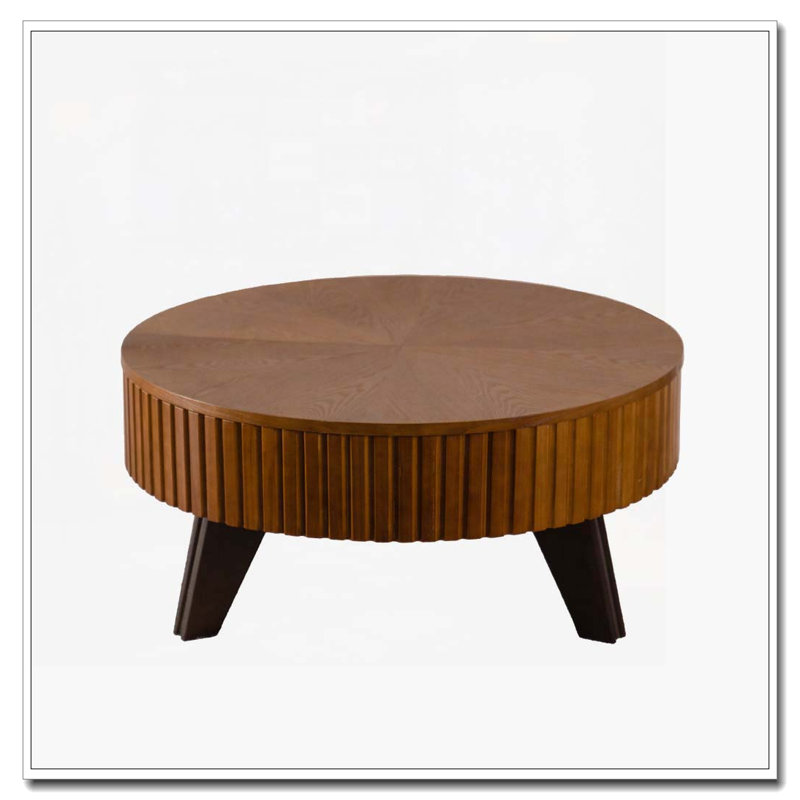 Table basse ronde rétro avec espace de rangement, idéale pour le salon et le bureau, Plateau naturel / base brun foncé