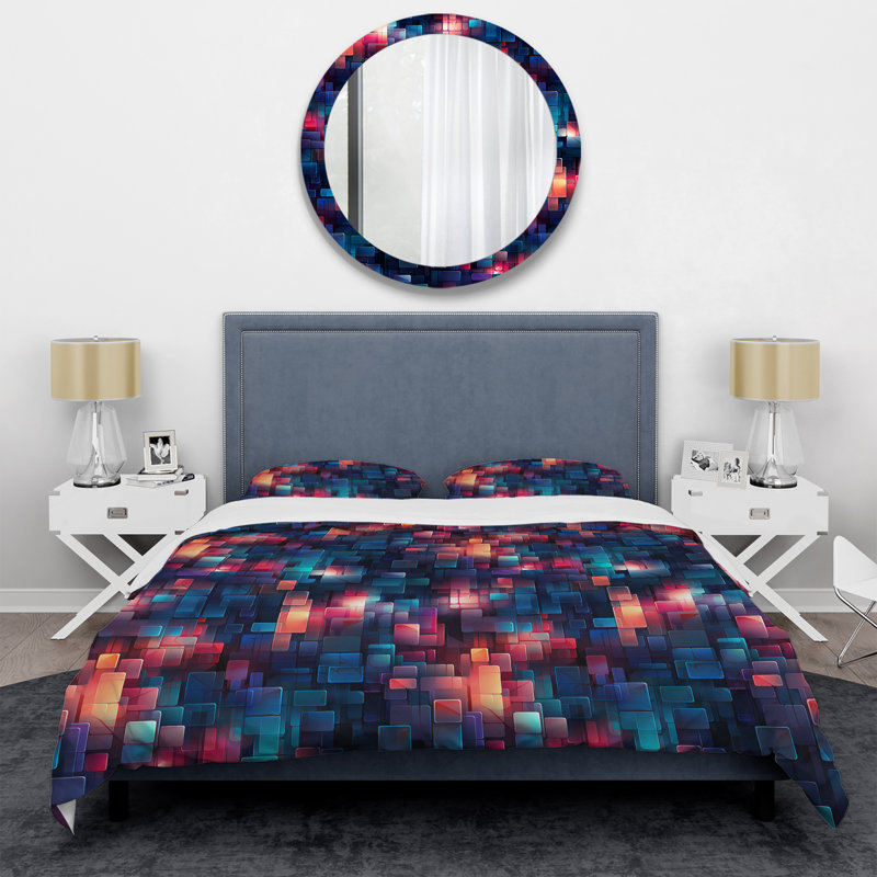 Purple And Blue Matrix Cubes I Box Stitch Geometric Shapes Duvet Cover, Twin Duvet Cover + 1 Standard Sham