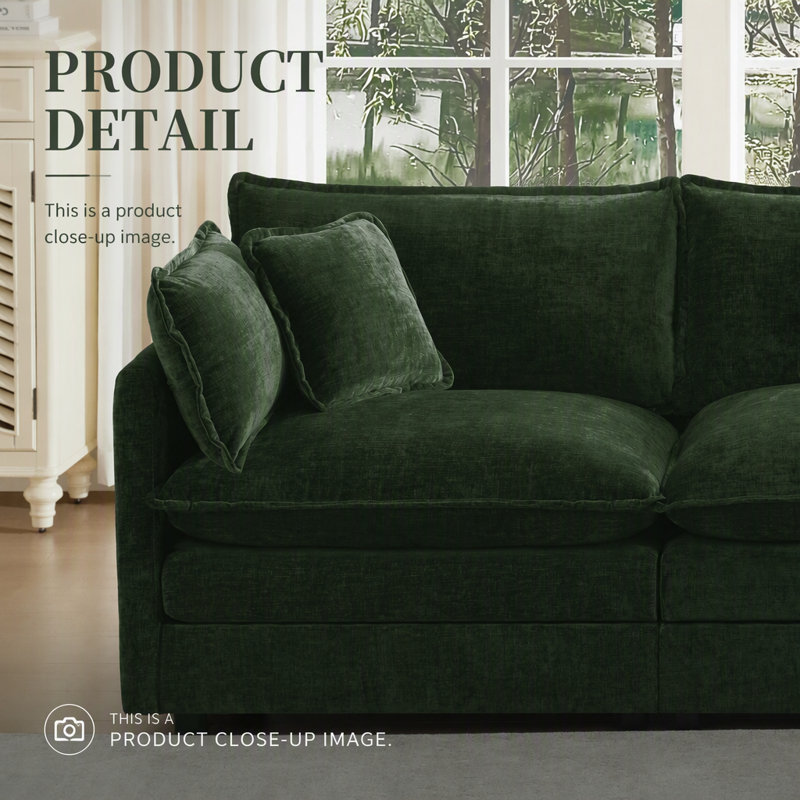 Canapé d'angle confortable en forme de U avec méridienne réversible, grand canapé d'angle modulaire en forme de U, deux poufs supplémentaires, chenille verte