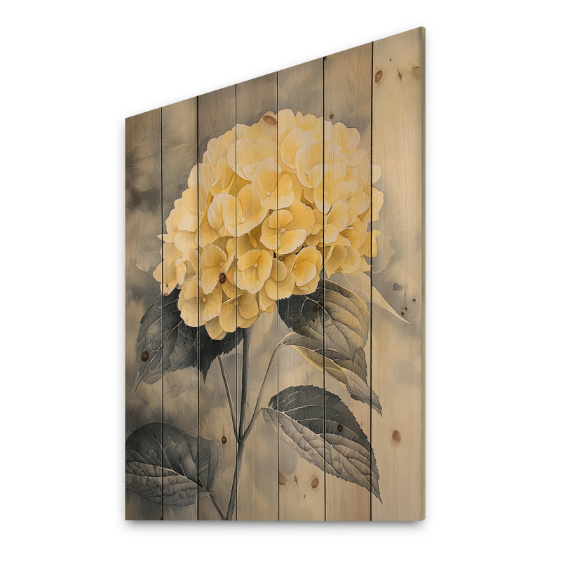 Fleurs d'hortensia jaune doux II - art mural bois d'hortensia - sur bois de pin naturel, H 32 po x l 24 po x P 0,78 po