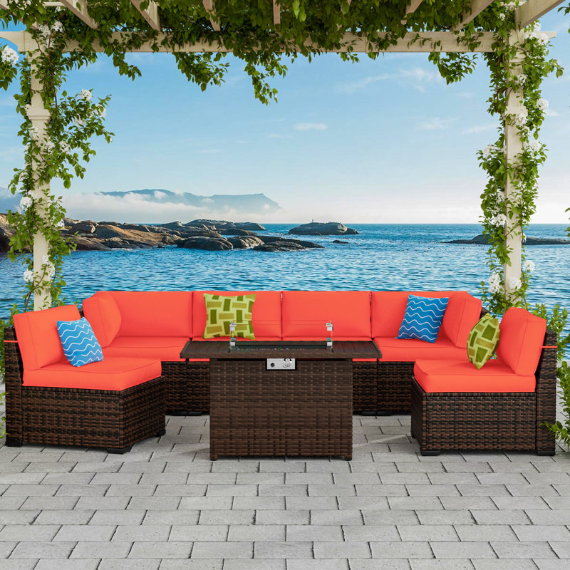Ensemble de conversation modulaire en osier 6 personnes avec coussins Treyshun, Orange, Oui