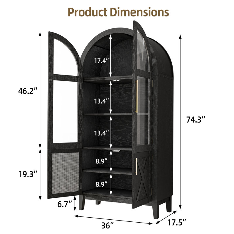 Breakwater Bay Tall Arch Storage Cabinet, Arched Kitchen Pantry Cabinet With Reversible 4 Rattan Doors, Adjustable Shelves Arched Display Floor Cabinet For Kitchen And Dining Room (74.3")