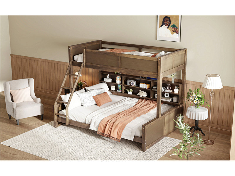Lit superposé avec armoires de rangement et ports USB, Bois