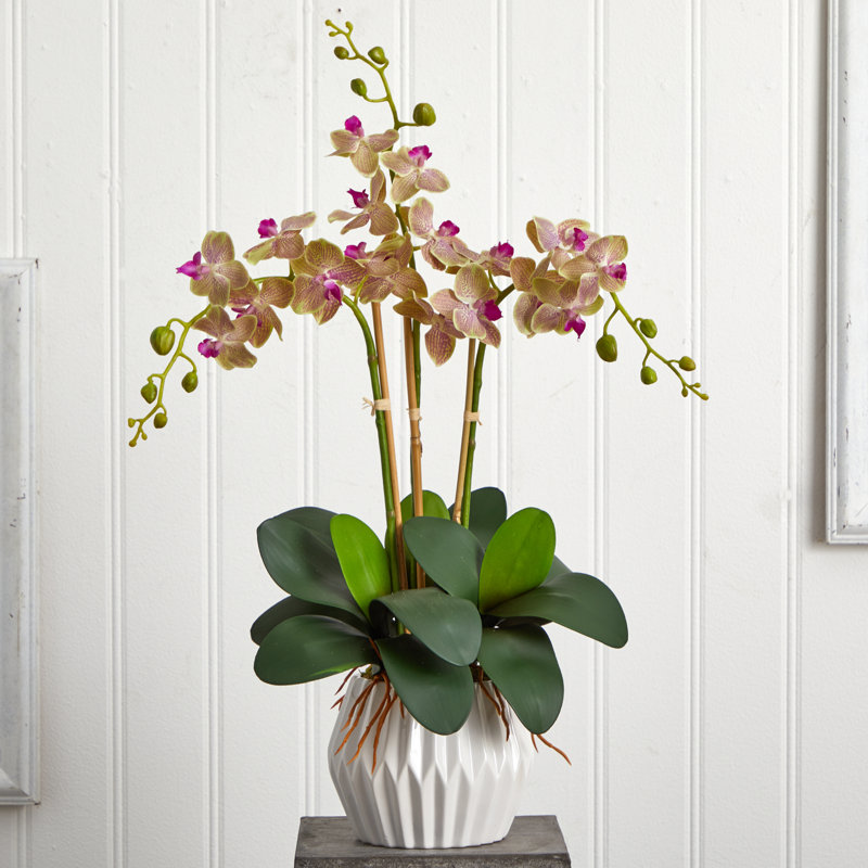 Elegant Faux Phalaenopsis Orchid Arrangement in White Ceramic Vase