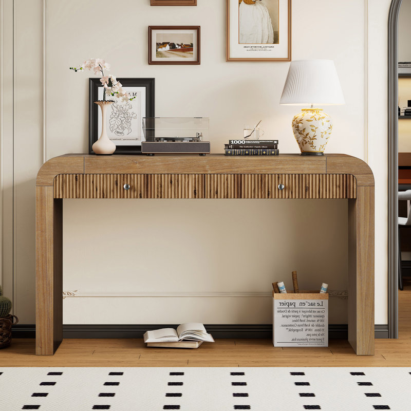 Floret 54.3" Fluted Design Console Table With Curved Edge, Natural